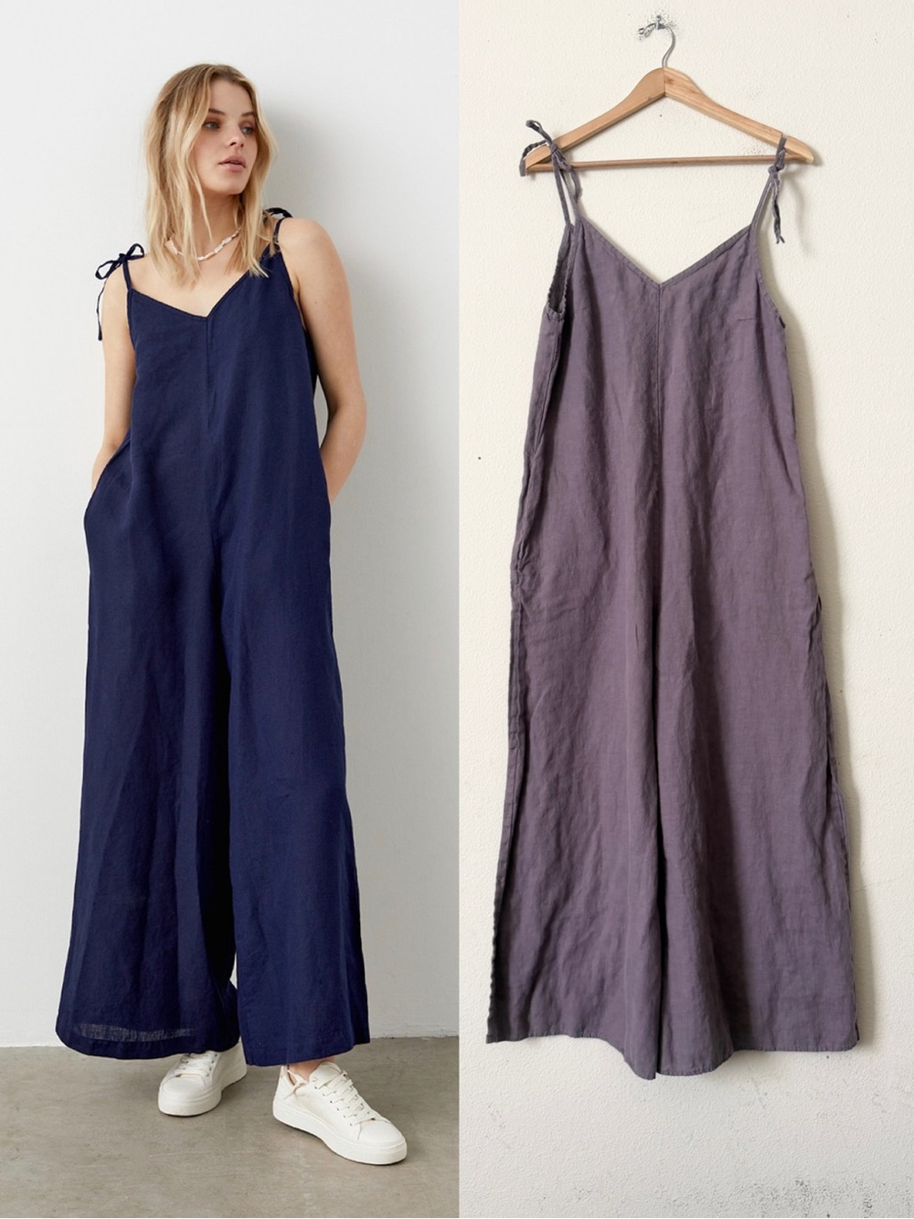 Linen ID MEDIUM 100% linen wide leg pocketed jumpsuit overalls in mauve